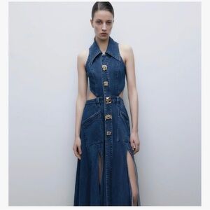 Cutout Halter Denim Maxi Dress in Dark Blue